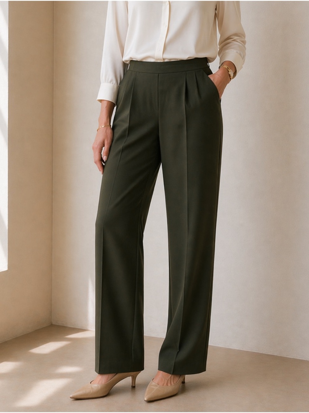 Max Mara Olive Green Pleated Trousers Straight Leg 8 Italy